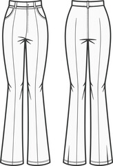 Flat vector technical sketch of high-waist flare trousers for women with pintuck seams and a waistband with belt loops, front and back view.