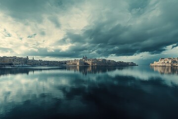 Panoramic view of Valletta cityscape with reflections on the calm water in Malta, Malta Valletta cityscape panoramic view through a bay to capital city