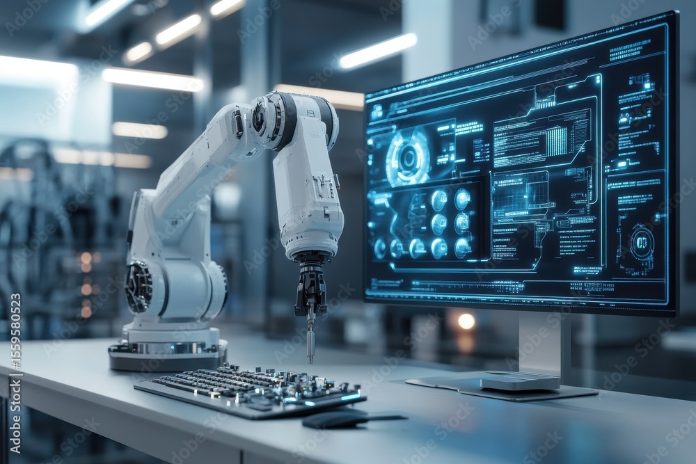 Poster innovative digital engineering technology showcased in a modern workspace with robotic automation an