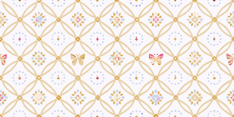 Vintage Floral and Butterfly Pattern with Geometric Grid Background