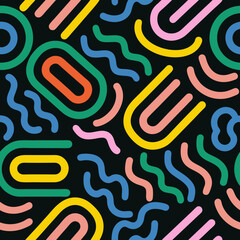 Retro Colorful Geometric Shapes on Black Background Seamless Pattern Design