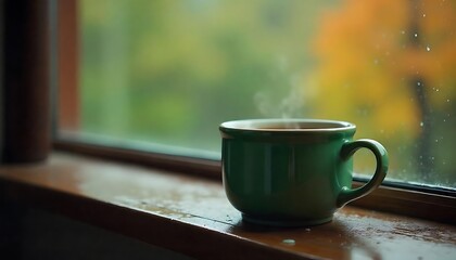 Obraz premium Misty Window View with Hot Drink in a Green Mug on a Rainy DayCozy Rainy Day Scene with Steaming Mug by a Foggy WindowWarm Beverage in Green Mug Framed by Rain-Covered WindowPeaceful Rainy Momen