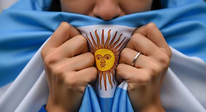 Person holding and partially covering face with the Argentinian flag.