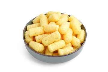 Bowl with tasty corn sticks on white background