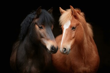 Obraz premium Two Horses Close Up Portrait in Black Background