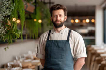 friendly waiter with soft smile positioned on right side of frame against clean light background