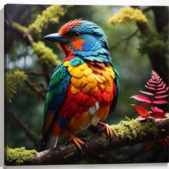 Obraz premium Vibrant Multicolored Bird on Tree Branch with Autumn Leaves