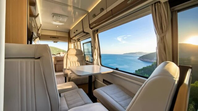 Interior view inside a motor home shows seats, table, and scenic ocean bay coastline with islands on a sunny day, road trip lifestyle