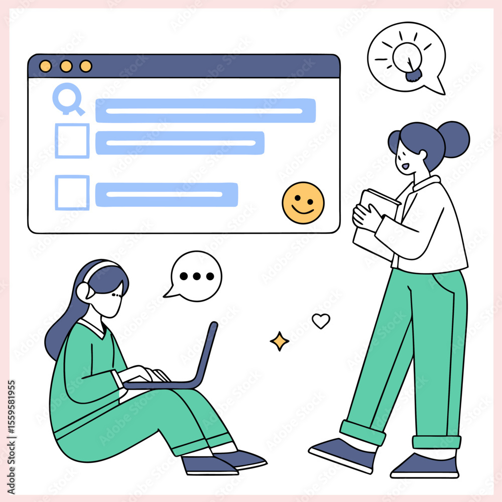 Poster two people collaborating on a digital project with a computer interface showing chat messages and a 