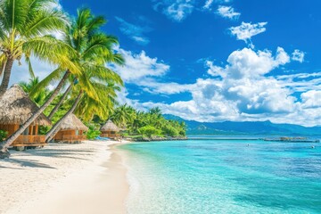 Tropical paradise with palm trees and clear blue water on a serene beach, Airplane landing on tropical beach with clear blue sky and palm trees