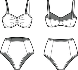 Elegant Women's High-Waisted Bikini Set with a Sweetheart Bra Top, a Chic Swimwear Apparel Technical Flat Drawing