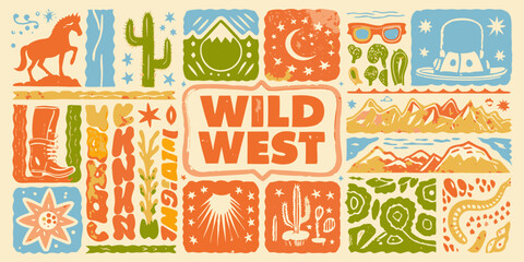 Colorful Wild West Illustration with Cowboy and Desert Icons