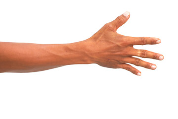 Human hand reaching out, palm open, in a welcoming or stopping gesture isolated on white