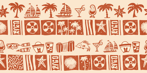 Hand Drawn Summer Beach Vacation Icons Seamless Pattern in Brown