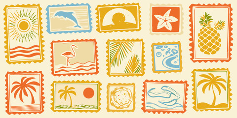 Collection of Vintage Summer Themed Postage Stamps with Tropical Elements © Dibyendu
