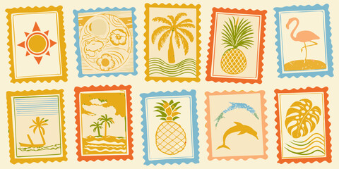 Tropical Summer Postage Stamps with Sun Pineapple Flamingo and Palm Trees © Dibyendu
