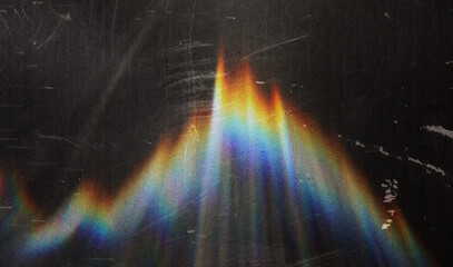scratched vintage glass texture with iridescent rainbow light refraction, abstract grunge overlay for digital art and design