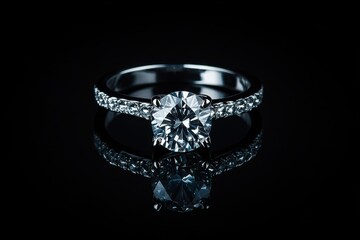 Closeup of striking diamond engagement ring elegantly displayed on a reflective surface, Striking closeup of bald eagle scanning around in a dark forest, isolated on dark background