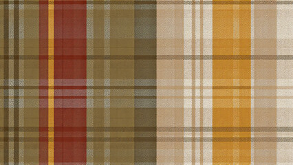An earthy-toned plaid with layered olive, rust, beige, mustard lines, textured like woven textile, blending natural colors with creative patterning.