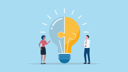 Business Teamwork and Idea Generation with Lightbulb Puzzle Pieces Illustration