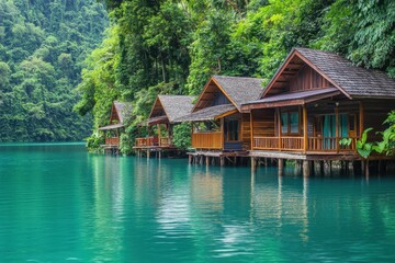 Naklejka premium Picturesque wooden houses on stilts along a tranquil river in a lush tropical environment, Traditional wooden houses on stilts along a calm river in a tropical forest