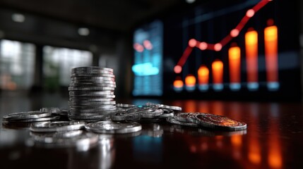 Stack of silver coins on polished desk with blurred financial chart showing upward growth trend. Investment success and economic progress concept in modern trading environment.