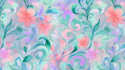 Colorful floral pattern with pink flowers and green leaves on pastel background