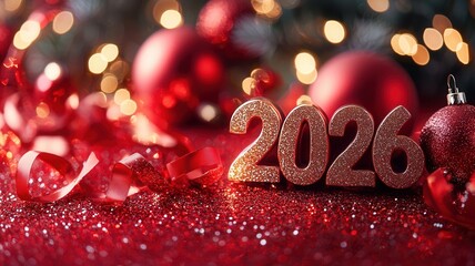 Glittering golden 2026 digits with across vibrant red emblazoned adorned background, festive celebratory ribbons