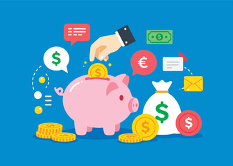 Piggy Bank and Money Icons Representing Saving and Financial Growth Concepts