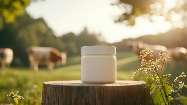 Open jar of beef tallow cream sits on a tree stump in a pasture with cows grazing, highlighting natural skincare solutions