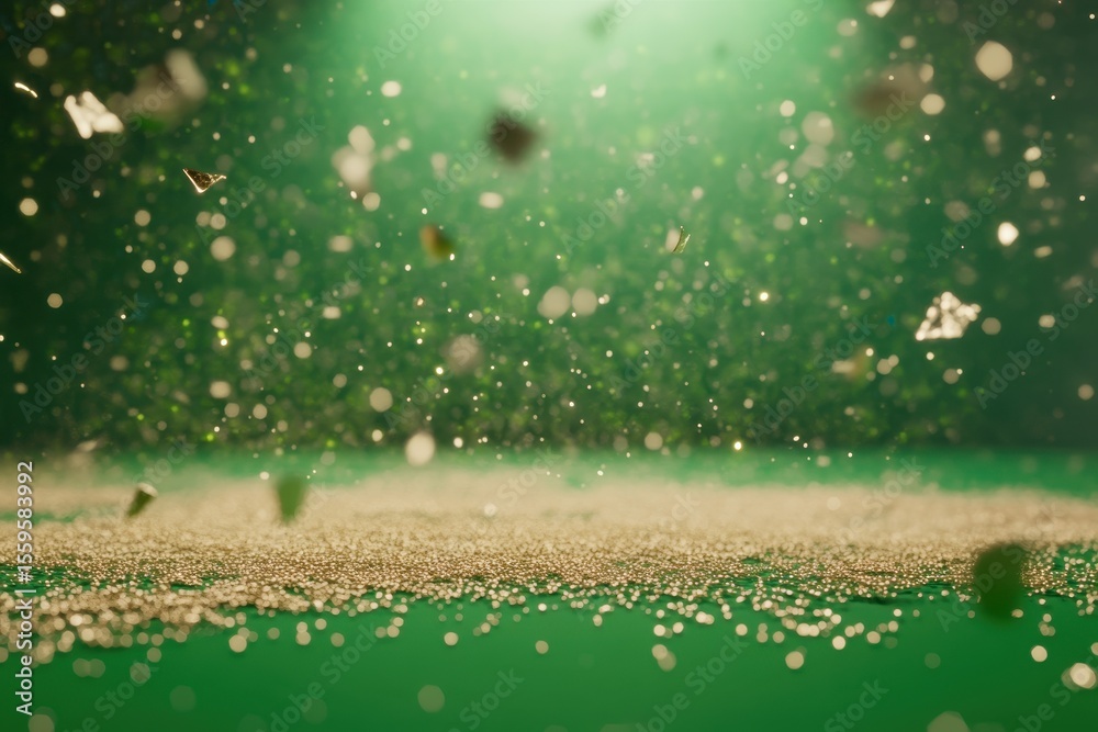 Poster bokeh random particles creating a luminous effect on bright green background, bokeh random, particle