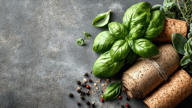 Food waste near basil leaves on gray background representing sustainable awareness, composting, and food issues