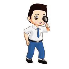 3D illustration of a boy wearing a school uniform holding a magnifying glass, symbolizing exploration and curiosity. Perfect for educational or discovery-related content.