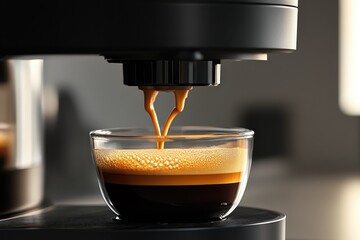 Espresso coffee being brewed in a modern coffee machine during a bright morning, Coffee machine in action, espresso coffee filling up the cup