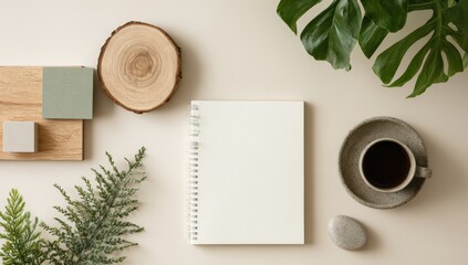 Flatlay of blank notepad, coffee, wood, greenery, and stones on a neutral background