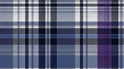 A futuristic, metallic-inspired plaid with sleek lines in silver, blue, purple, layered textured fabric, emphasizing innovation and artistic experimentation.