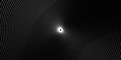 Modern abstract background. Halftone dots in circle shape. Spiral logo, icon or design element. White dots on black side.