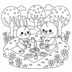 Cute cartoon bunny and bear enjoying a lovely picnic together outdoors in a park scene with trees and flowers