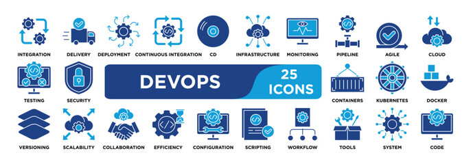 DEVOPS icon collection set. Containing integration,delivery,deployment,continuous integration,CD,infrastructure,monitoring,pipeline,agile,cloud icon. dual tone vector.	