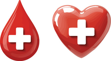 Obraz premium Red hearts and blood drop with white plus sign on a white background