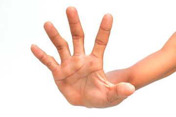 Hand gesturing stop sign with spread fingers against a clean white background for emphasis