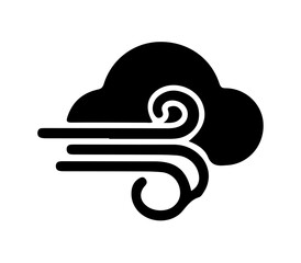 A black icon of a cloud with swirling lines, symbolizing windy weather or strong wind.  This universally recognized graphic is ideal for weather applications, forecasts, and environmental themes