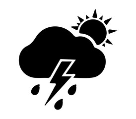 Black icon of a cloud with lightning, rain, and a partial sun, symbolizing stormy, rainy, or mixed weather conditions.