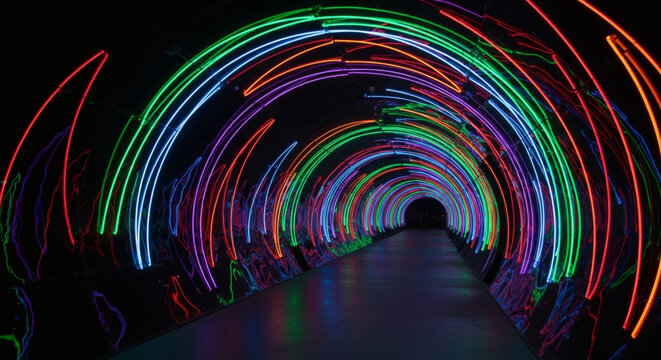 Colorful Neon Light Tunnel Installation Art.