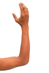 Isolated human arm and hand reaching upwards on a clean white background
