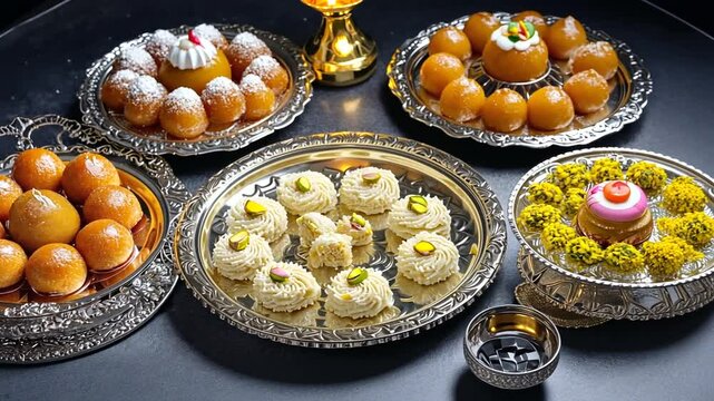 A beautifully arranged display of traditional sweets on ornate silver platters, with decorative background elements