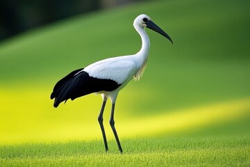 Naklejka premium Oriental stork standing gracefully on lush green grass with vibrant backgrounds in a serene environment, Oriental Stork stands on grass so green, with each movement it causes a scene