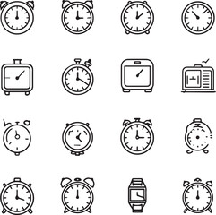Fototapeta premium Outline Time, date and location editable stroke set Clock black and white line icons 
