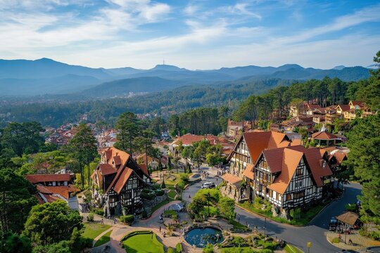 Aerial view showcases the charming architecture and natural beauty of Gramado in Rio Grande do Sul, Brazil, Aerial view of Gramado, Rio Grande do Sul, Brazil Church Matriz S&Atilde;&pound;o Pedro