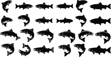 Wildlife fish collection vector silhouette including ocean swim and freshwater salmon jump
